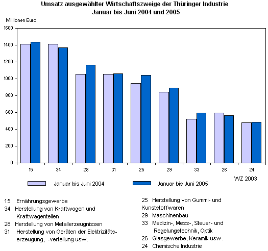Umsatz ausgewählter Wirtschaftszweige der Thüringer Industrie Januar bis Juni 2004 und 2005