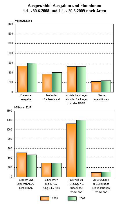 Ausgewählte Ausgaben und Einnahmen 1.1. - 30.6.2008 und 1.1. - 30.6.2009 nach Arten